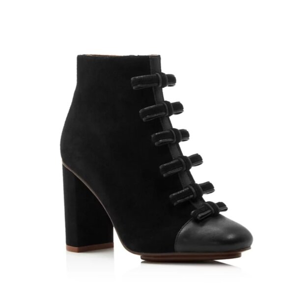 See by Chloé Women's Gisel Bow Almond Toe Suede High-Heel Booties - Picture 1 of 13